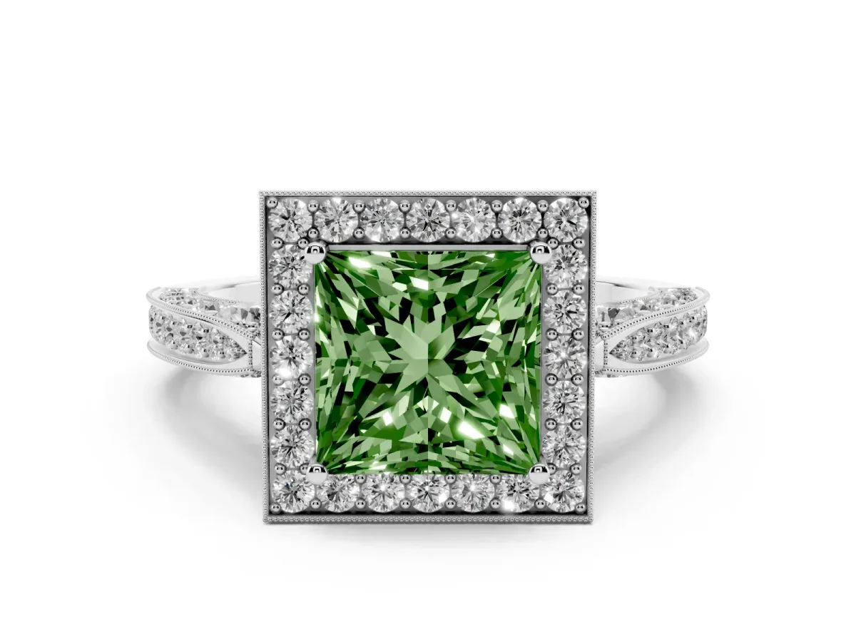 Fancy Green Princess Cut Halo Diamond Engagement Ring with Split Shank Band and Four-Prong Setting Silver