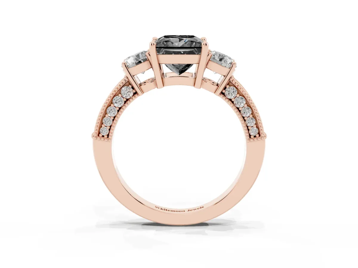 Fancy Black Princess Cut Three-Stone Diamond Ring with Pavé Band and Four-Prong Setting Rose gold