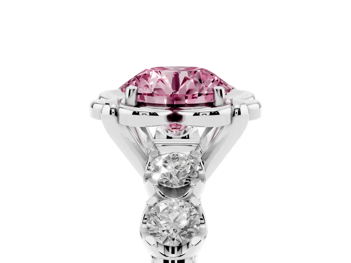 Fancy Pink Round Cut Cut Diamond Floral Halo Engagement Ring with Shared Prong Setting Silver