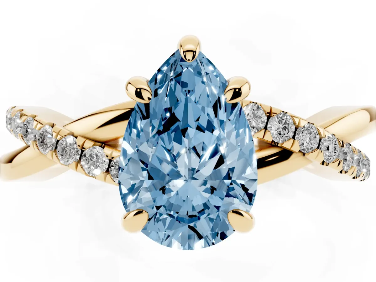 Fancy Blue Pear Cut Cut Diamond Twist Band Solitaire with Prong Setting Yellow gold