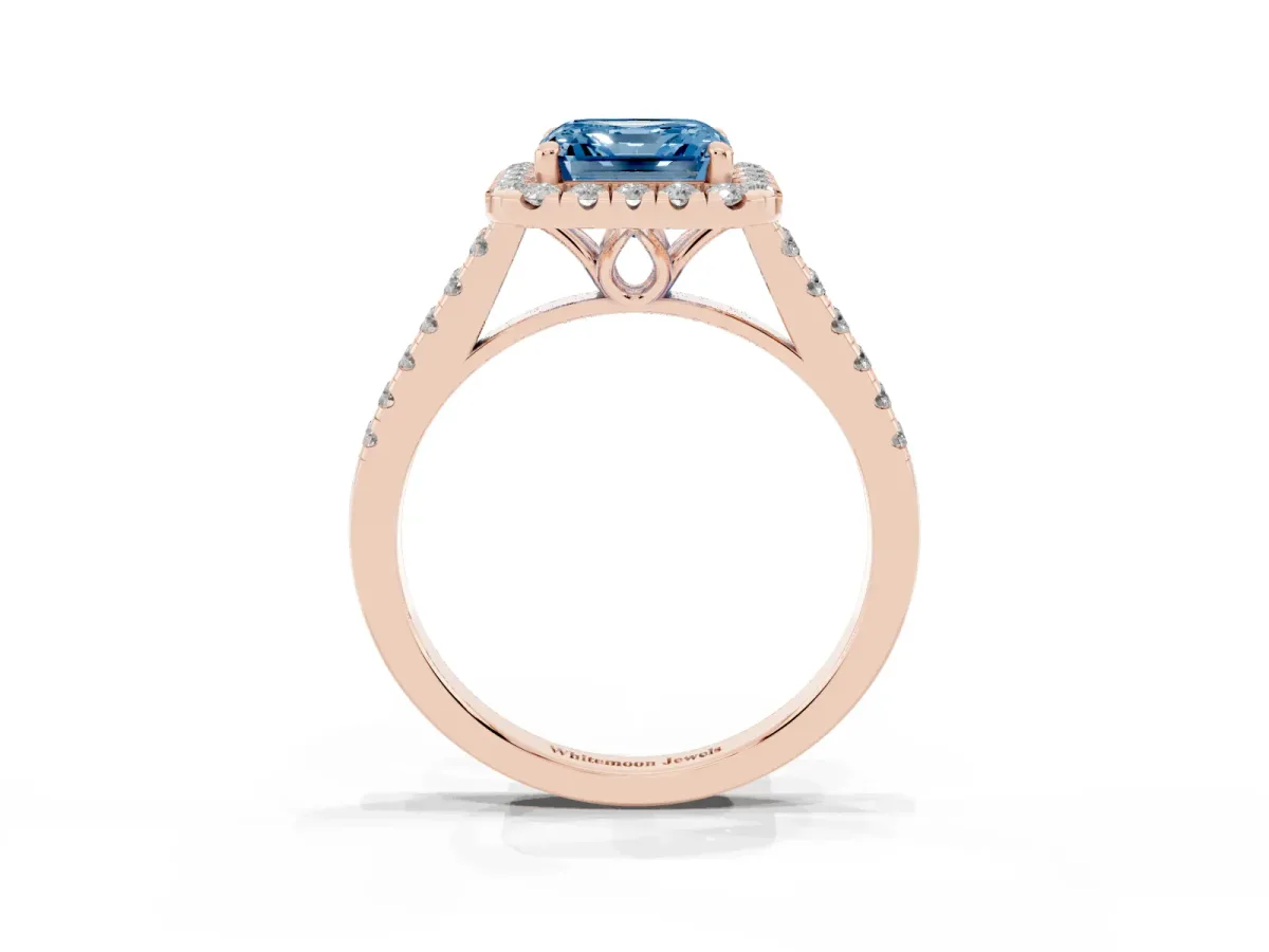 Fancy Blue Asscher Cut Halo Pavé Diamond Engagement Ring with Four-Prong Setting Rose gold