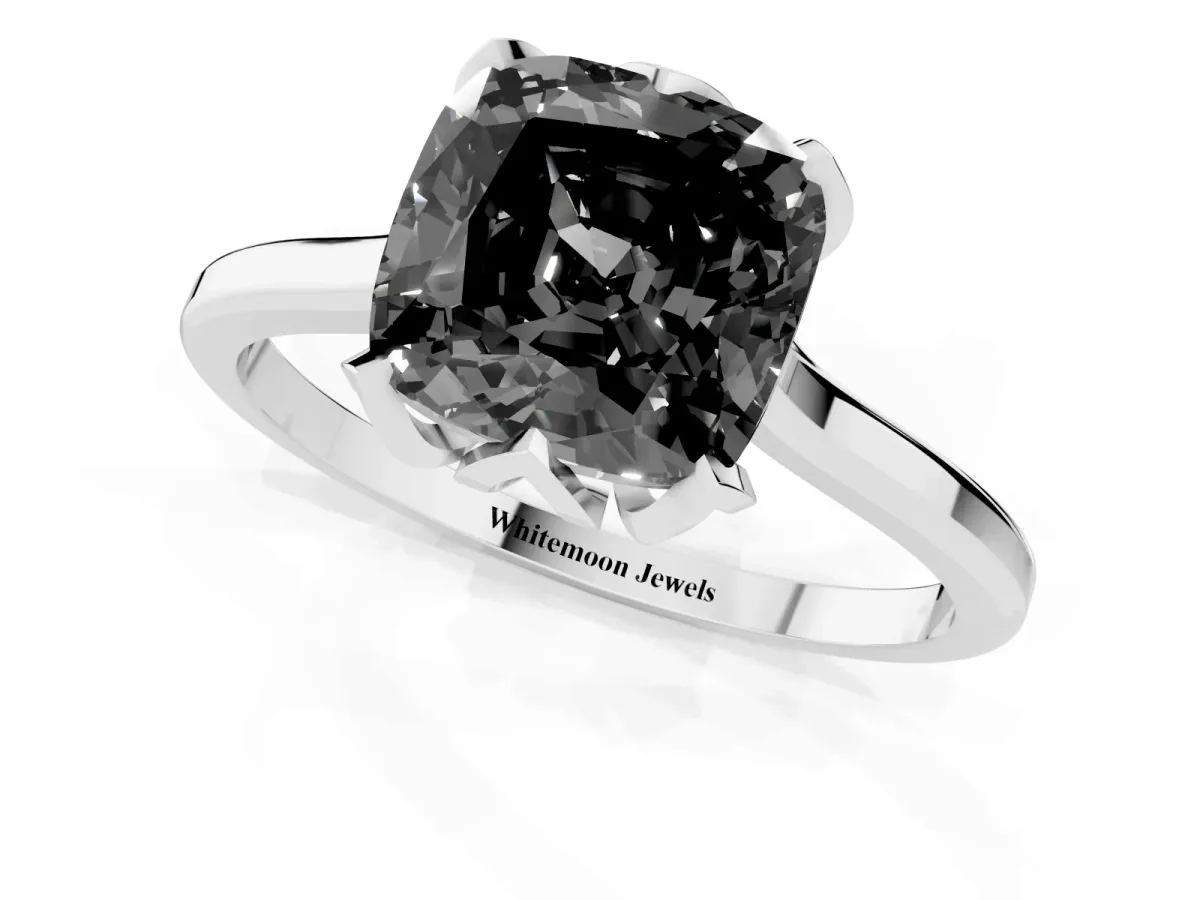 Fancy Black Cushion Cut Diamond Solitaire Ring with Flower Prong Setting and Classic Band Silver