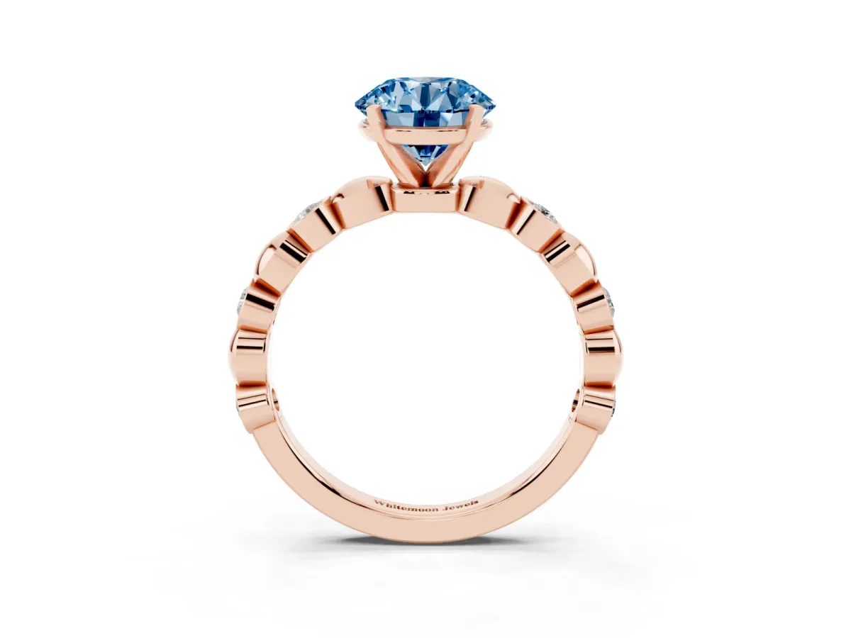 Fancy Blue Round Cut Solitaire Bezel-Set Diamond Ring with Beaded Band and Four-Prong Setting Rose gold