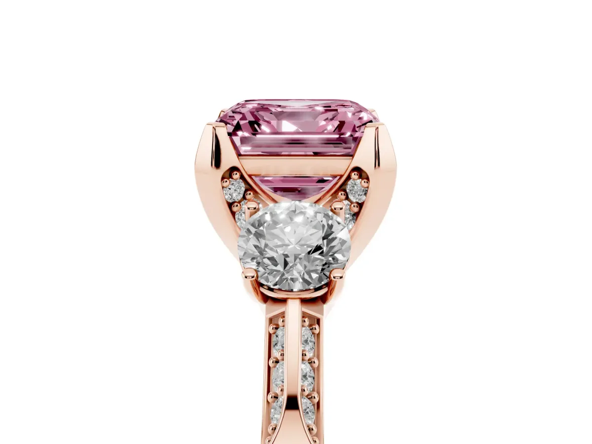 Fancy Pink Asscher Cut Brilliant Three-Stone Diamond Ring with Pavé Band and Four-Prong Setting Rose gold