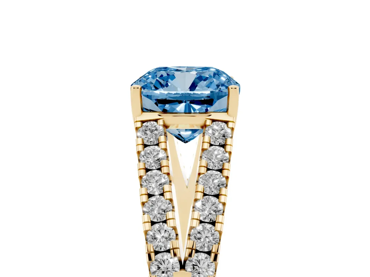 Fancy Blue Cushion Cut Diamond Split Shank Engagement Ring with Round Pavé and Prong Setting Yellow gold