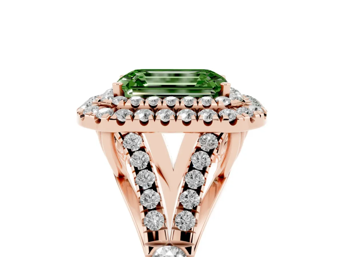Fancy Green Emerald Cut Diamond Pavé Split Shank Double Halo Engagement Ring Rose gold