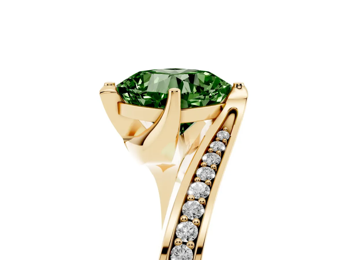 Fancy Green Cushion Cut Solitaire Diamond Twist Band with Pavé Setting and Four-Prong Setting Yellow gold