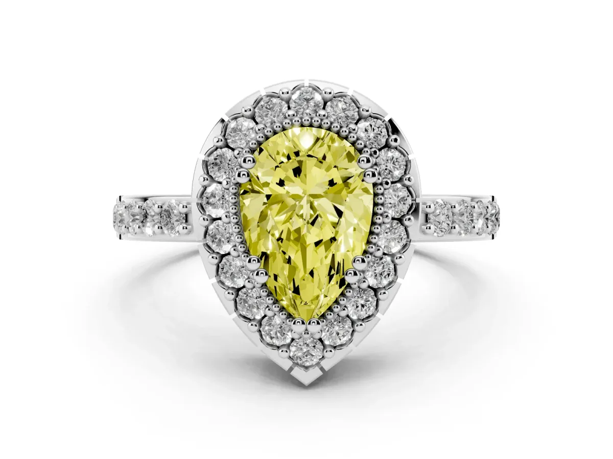 Fancy Yellow Pear Cut Diamond Halo Ring with Pavé Band and Prong Setting Platinum