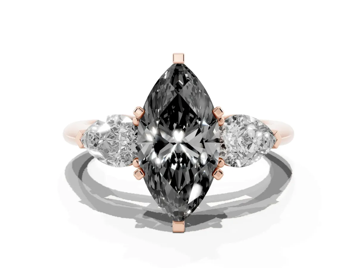 Fancy Black Three-Stone Marquise Cut Diamond Ring with Pear Side Stones and Four-Prong Setting Rose gold