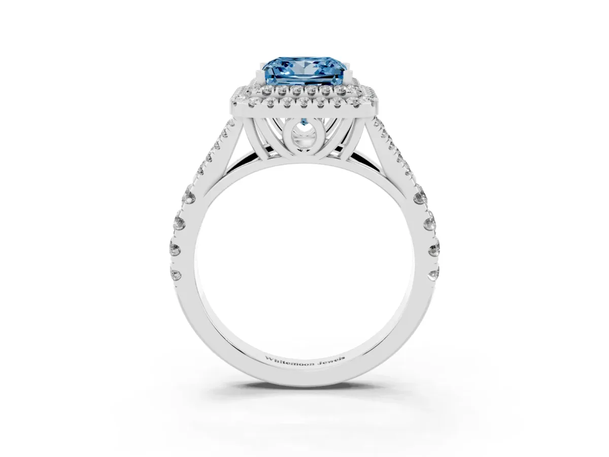Fancy Blue Princess Cut Cut Double Halo Split Shank Diamond Ring with Prong Setting Silver