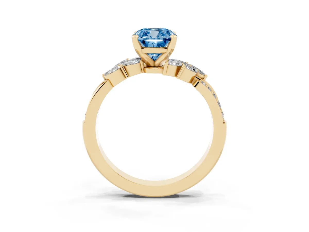 Fancy Blue Cushion Cut Solitaire Marquise Twist Band with Six-Prong Setting Yellow gold