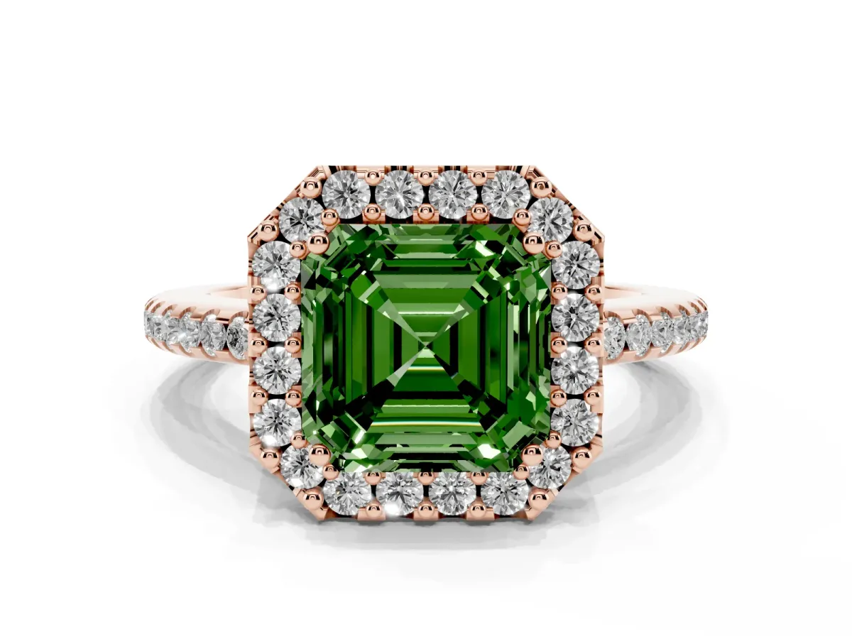 Fancy Green Asscher Cut Diamond Pavé Halo Ring with Four-Prong Setting Rose gold