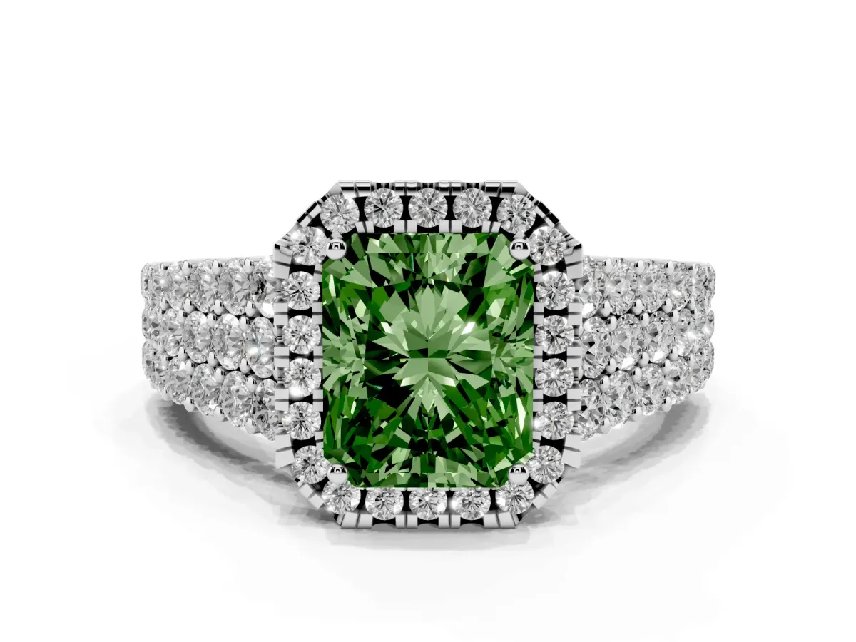 Fancy Green Radiant Cut Diamond Halo Engagement Ring with Triple Row Round Pavé Band and Prong Setting Silver