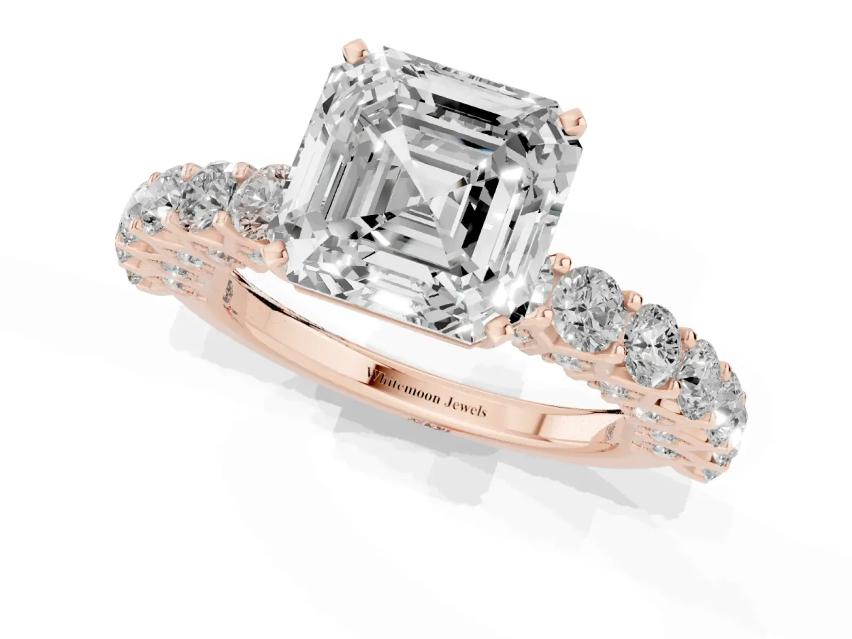 Asscher Cut Diamond Solitaire Ring with Shared Prong Pavé Band and Four-Prong Setting Rose gold