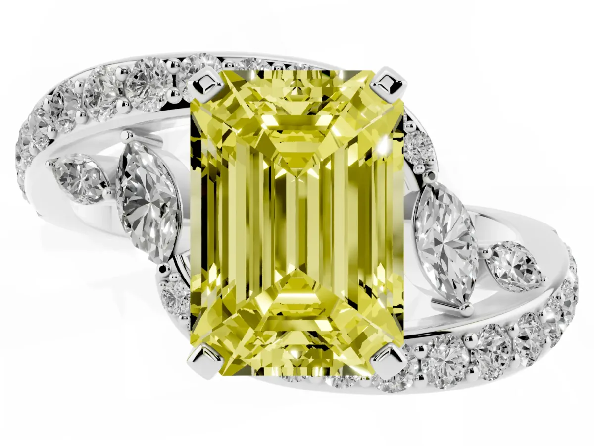 Fancy Yellow Emerald Cut Solitaire with Pavé Twist Band and Four-Prong Setting Silver