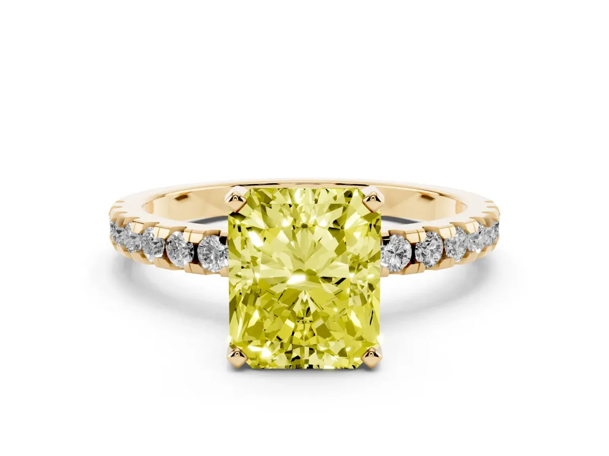 Fancy Yellow Radiant Cut Diamond Solitaire Ring with Round Pavé Band and Four-Prong Setting Yellow gold