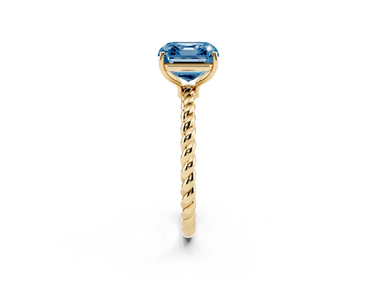 Fancy Blue Asscher Cut Solitaire Twist Band Ring with Four-Prong Setting Yellow gold