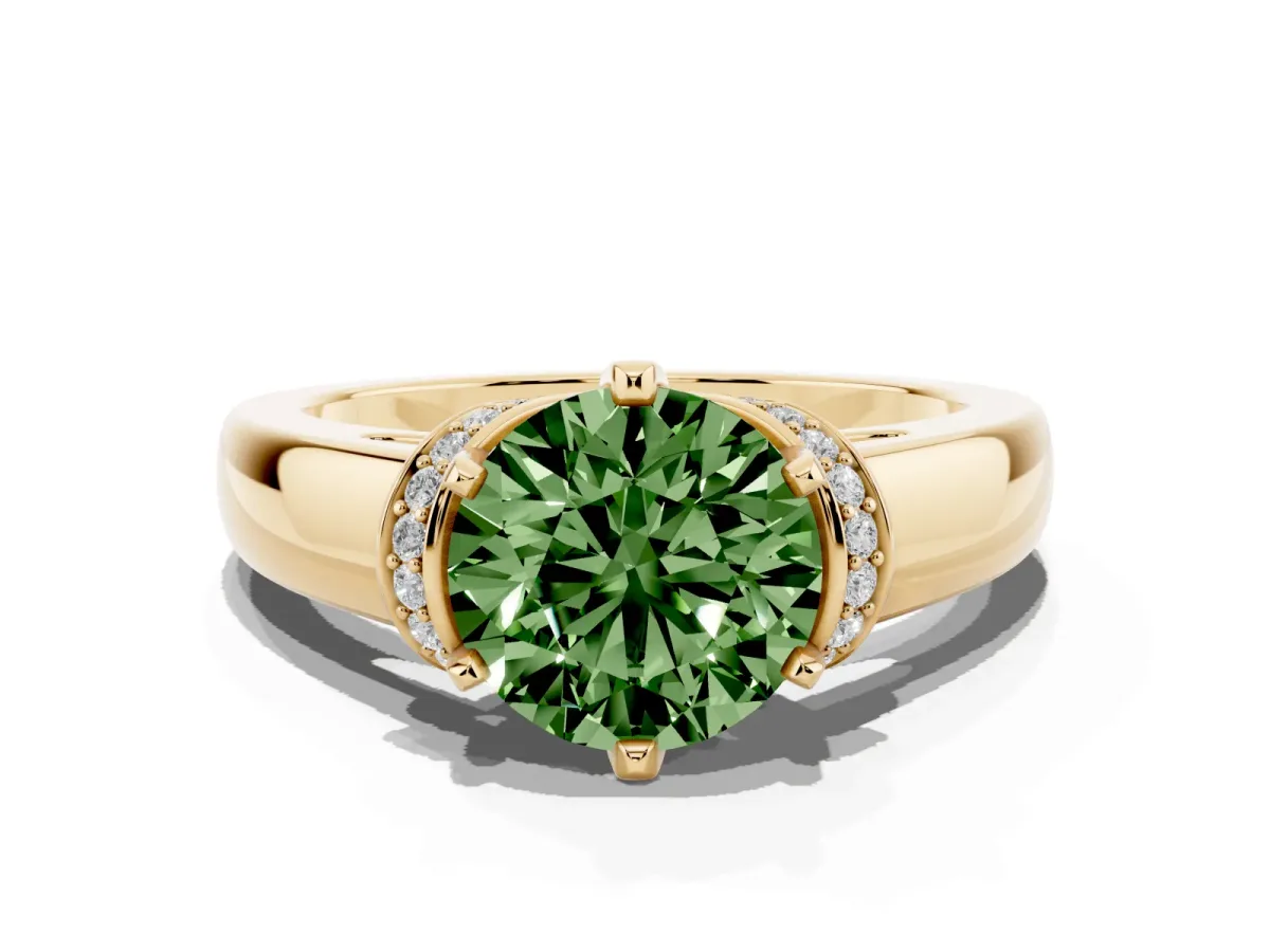 Fancy Green Round Cut Solitaire Diamond Ring with Pave Band and Six-Prong Setting Yellow gold