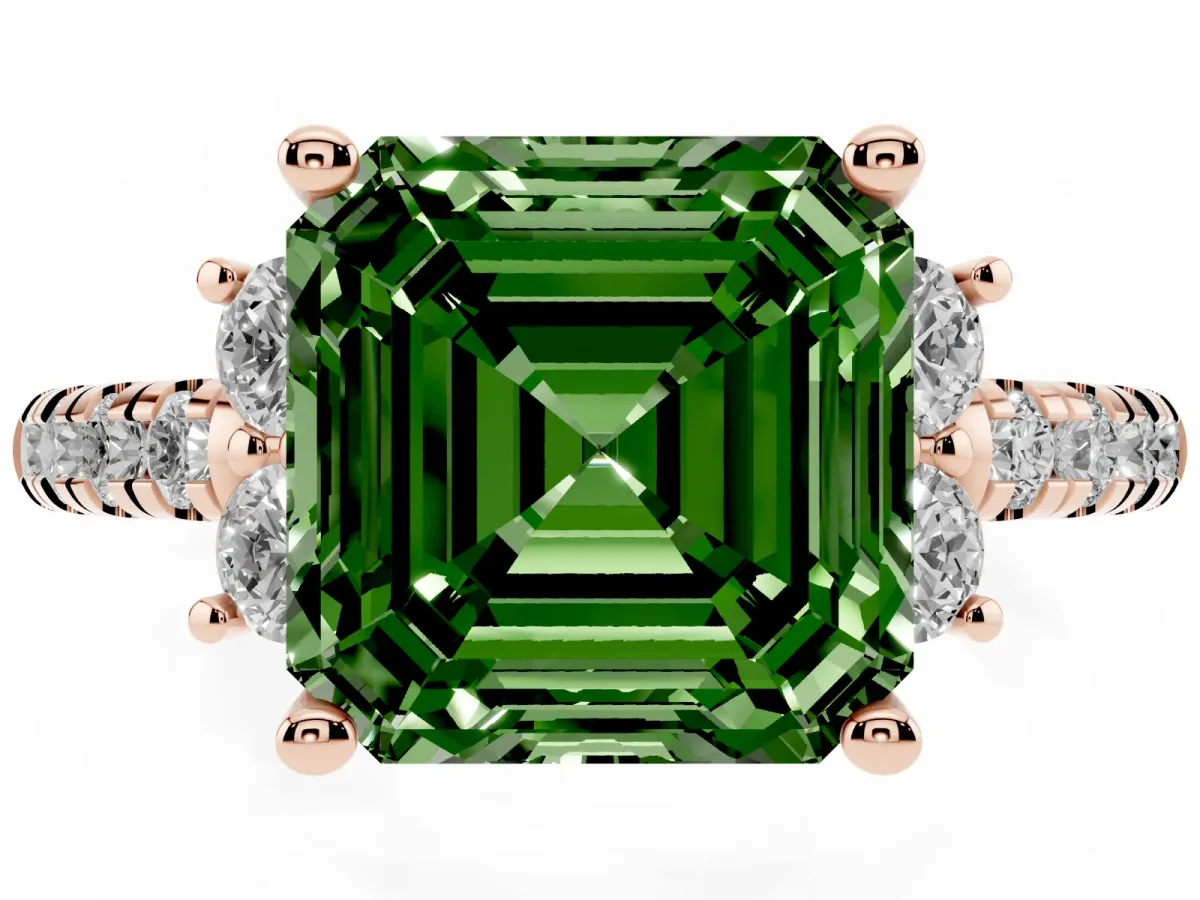Fancy Green Asscher Cut Diamond Three-Stone Pave Band with Four-Prong Setting Rose gold