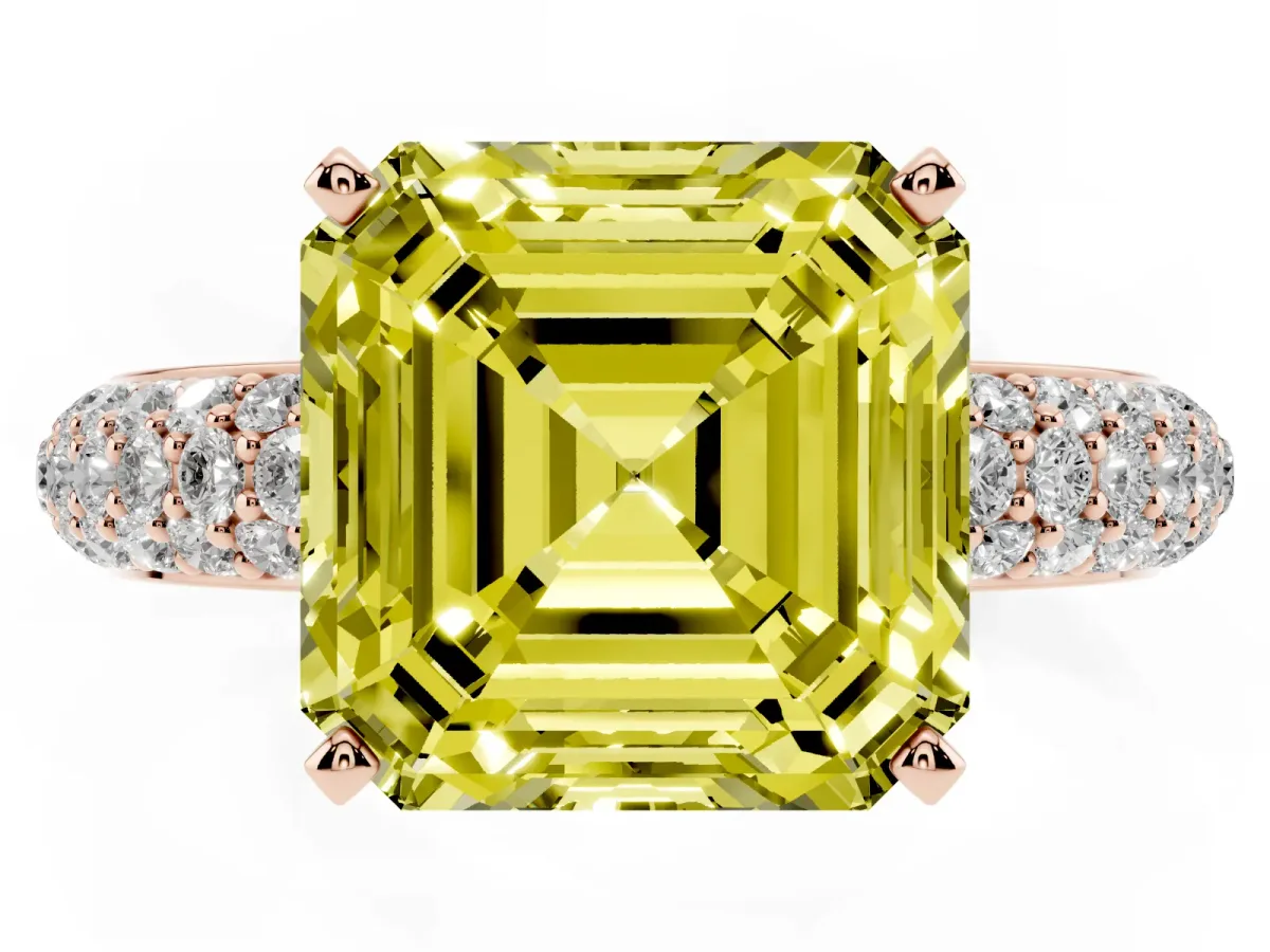 Fancy Yellow Asscher Cut Diamond Solitaire Ring with Prong Setting and Pavé Band Rose gold