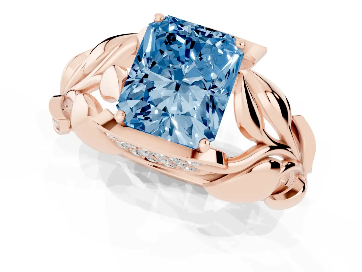 Fancy Blue Radiant Cut Diamond Leaf-Inspired Engagement Ring with Round Accents and Prong Setting Rose gold
