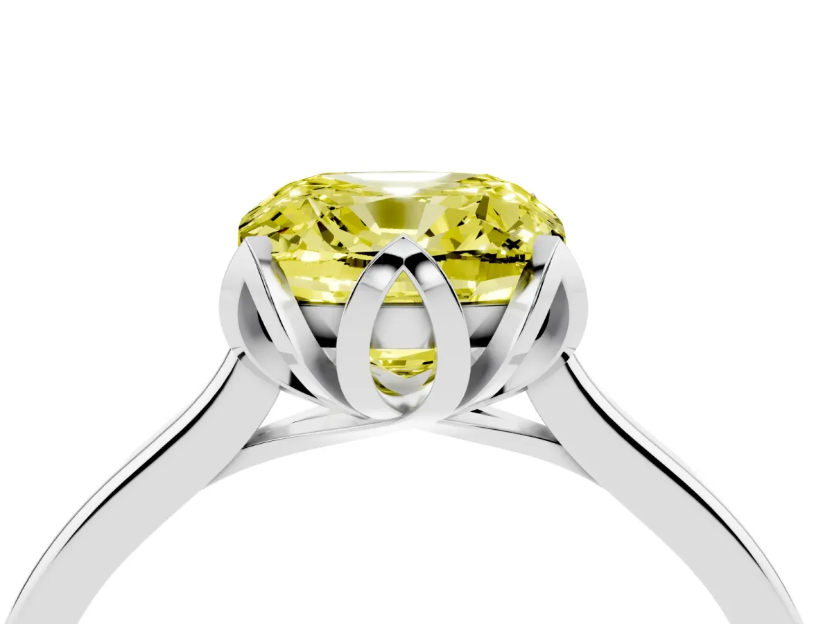 Fancy Yellow Cushion Cut Diamond Solitaire Ring with Flower Prong Setting and Classic Band Silver