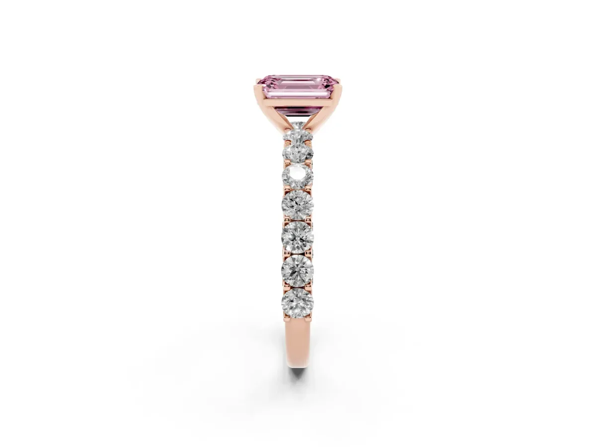 Fancy Pink Emerald Cut Diamond Solitaire Ring with Shared Prong Pavé Band and Four-Prong Setting Rose gold
