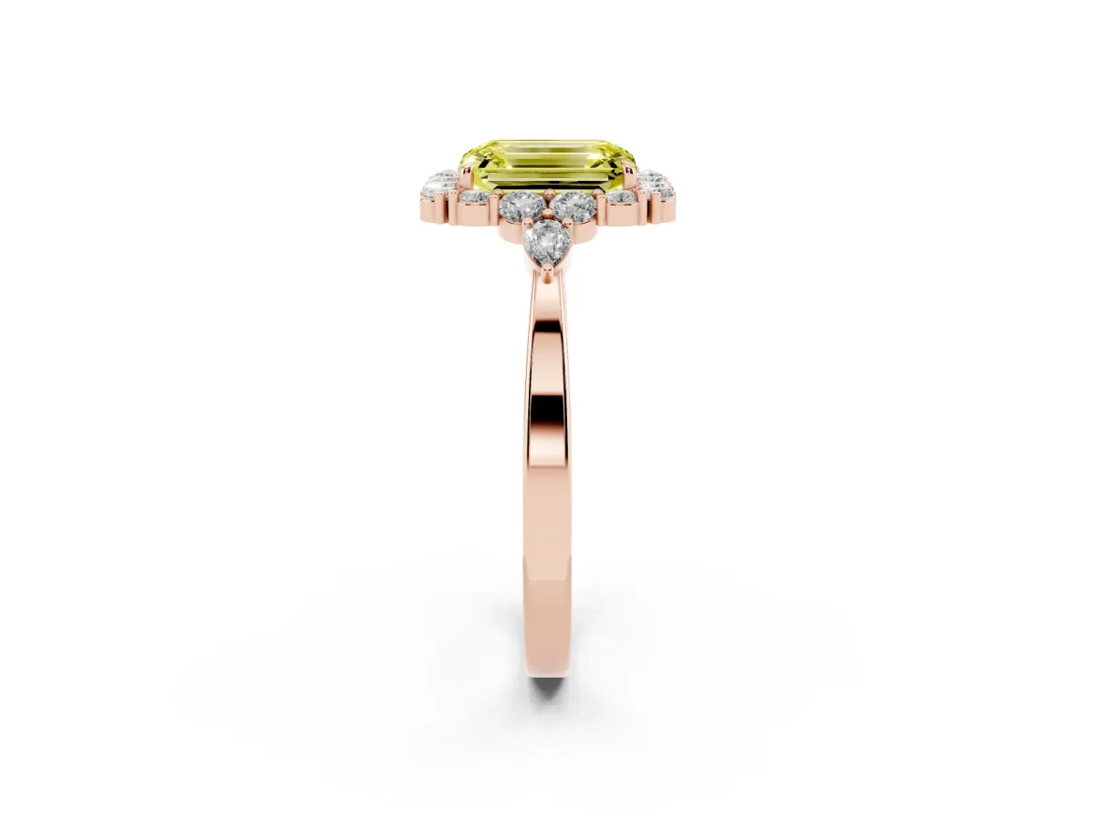 Fancy Yellow Emerald Cut Diamond Halo Ring with Pear Side Stones and Prong Setting Rose gold