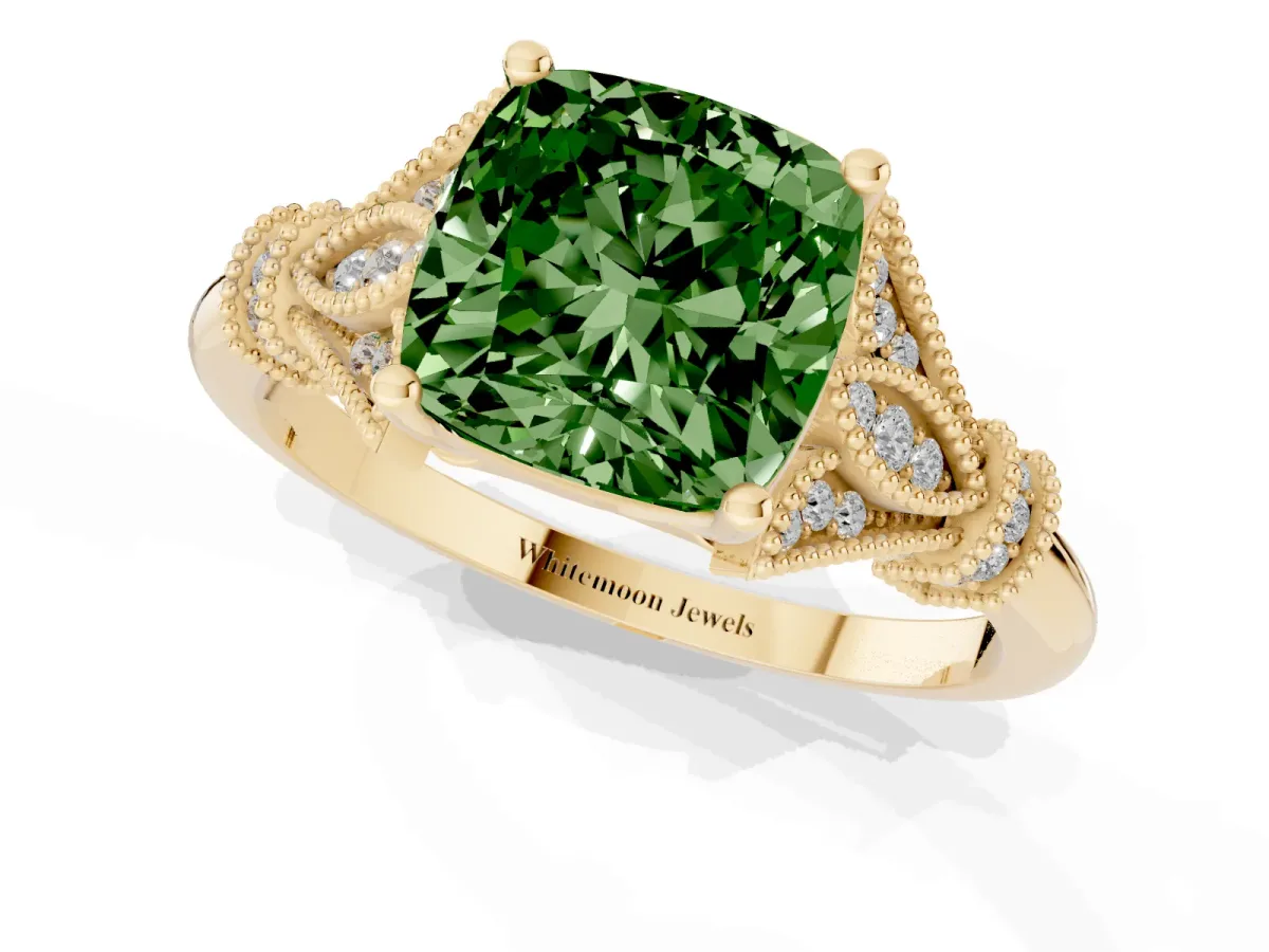 Fancy Green Cushion Cut Diamond Solitaire Ring with Floral Filigree and Pave Accents Yellow gold
