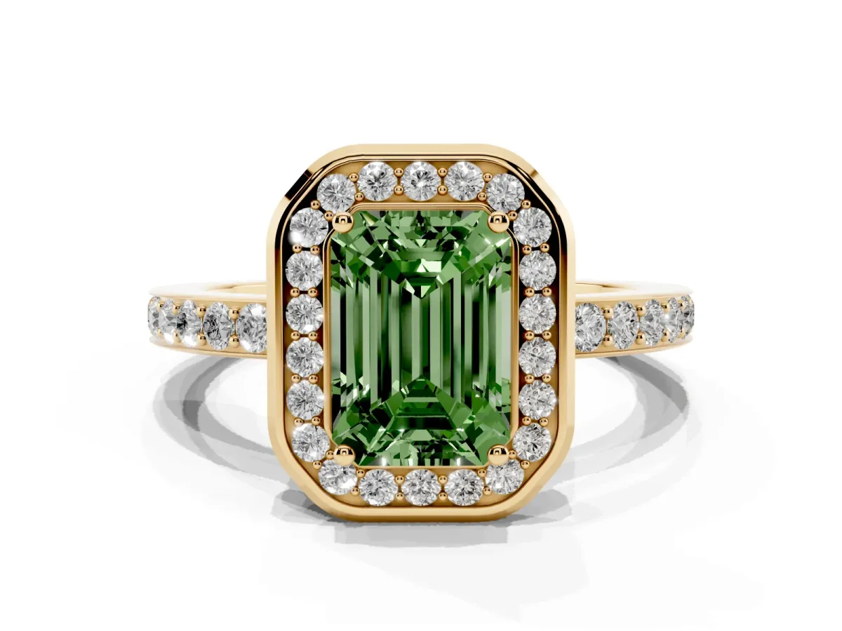 Fancy Green Emerald Cut Diamond Halo Ring with Bezel Frame and Pavé Band Yellow gold