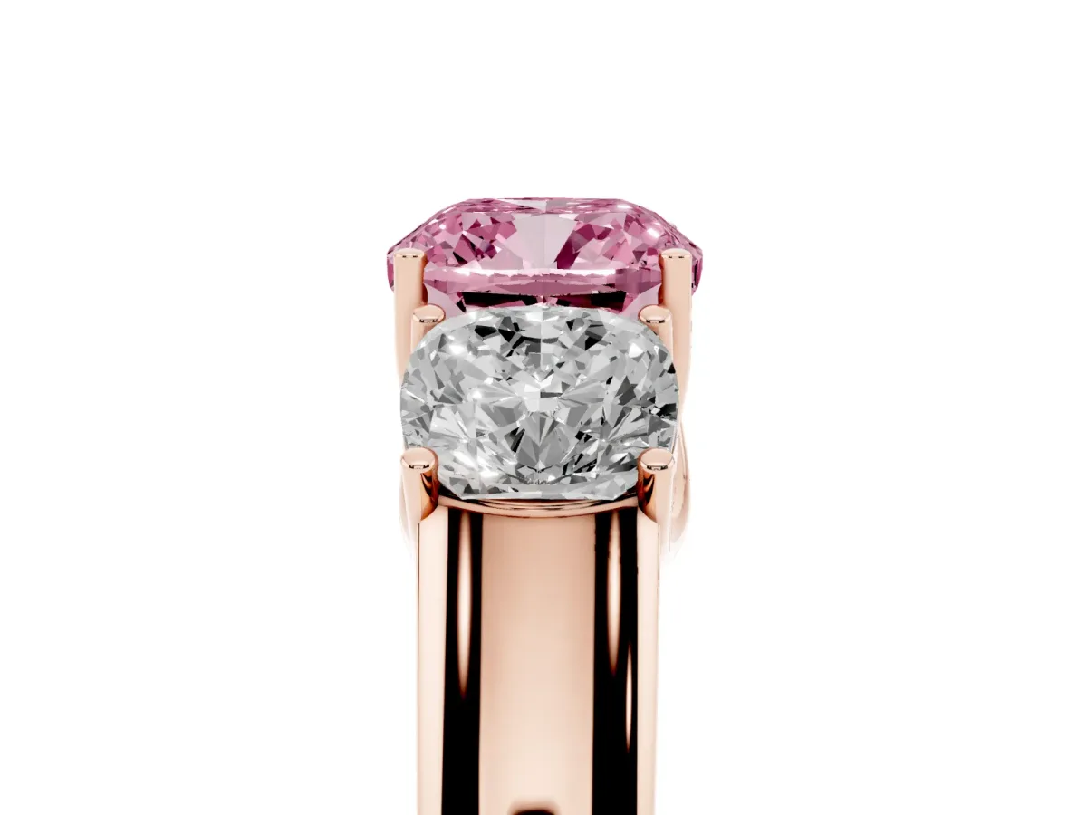 Fancy Pink Three-Stone Cushion Cut Cut Diamond Ring with Prong Setting and Classic Band Rose gold