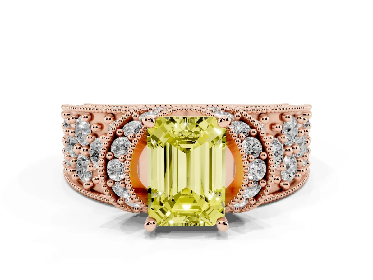 Fancy Yellow Emerald Cut Halo Pave Diamond Engagement Ring with Milgrain Detailing Rose gold