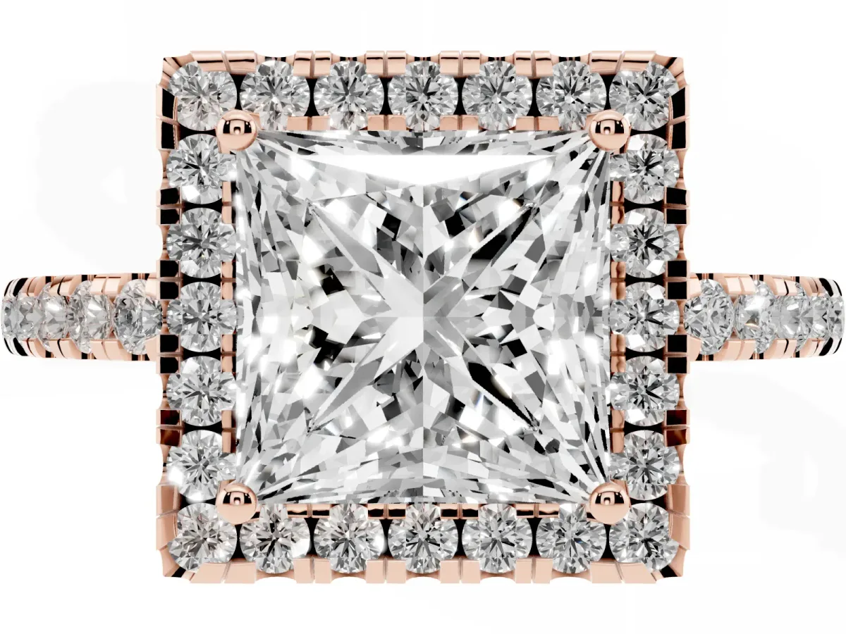 Princess Cut Halo Diamond Engagement Ring with Pavé Band and Four-Prong Setting Rose gold