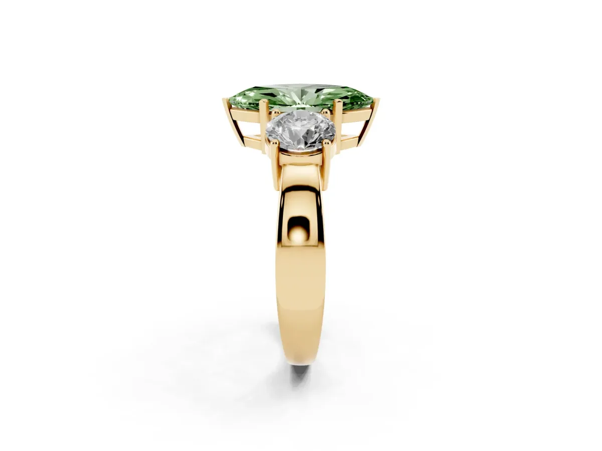 Fancy Green Three-Stone Marquise Cut Diamond Ring with Round Side Stones, Classic Band, and Four-Prong Setting Yellow gold