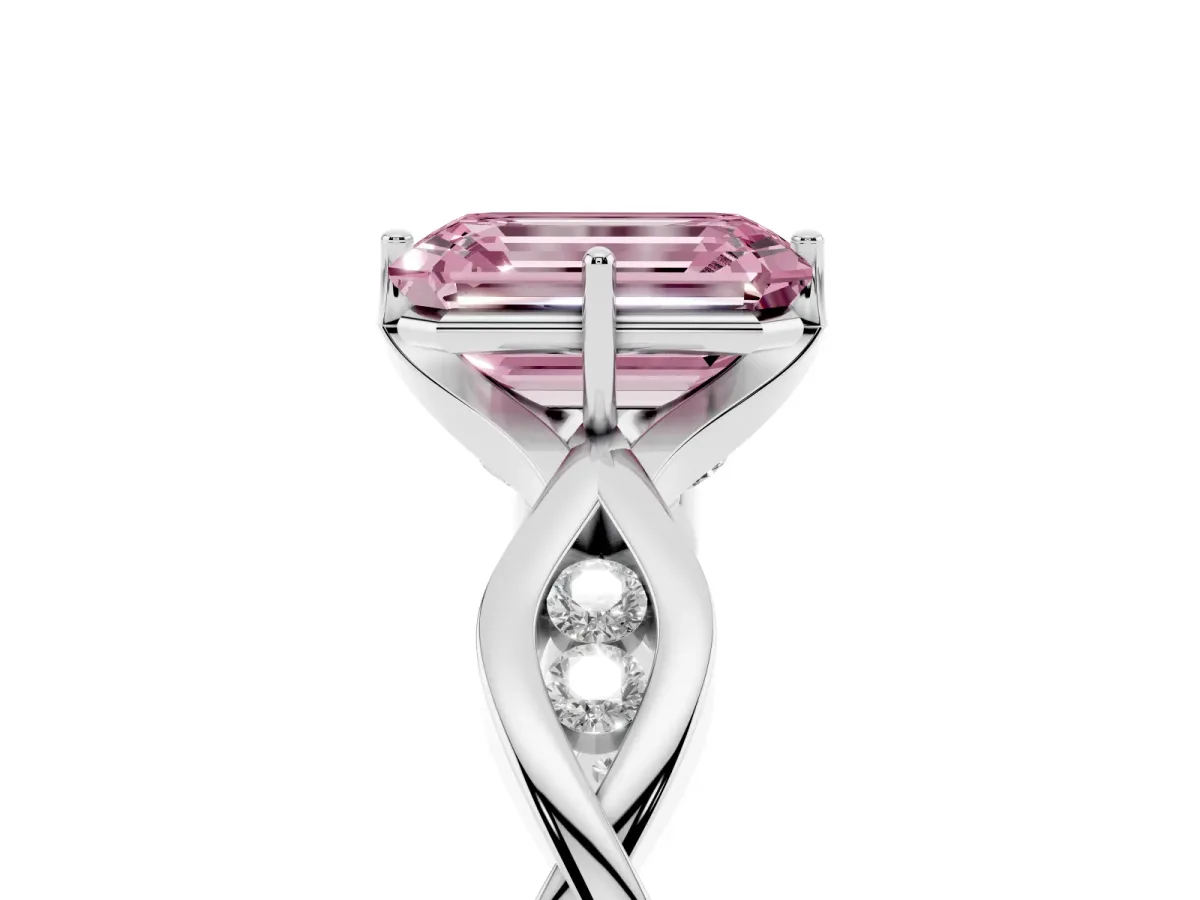 Fancy Pink Emerald Cut Solitaire Twist Band with Leaf Prong Setting Platinum