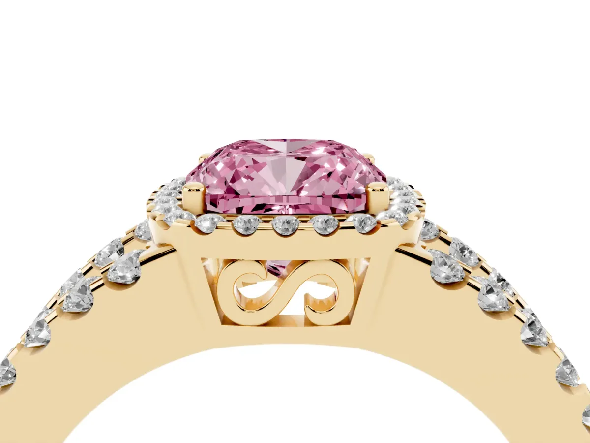 Fancy Pink Cushion Cut Cut Halo Split Shank Diamond Ring with Four-Prong Setting Yellow gold