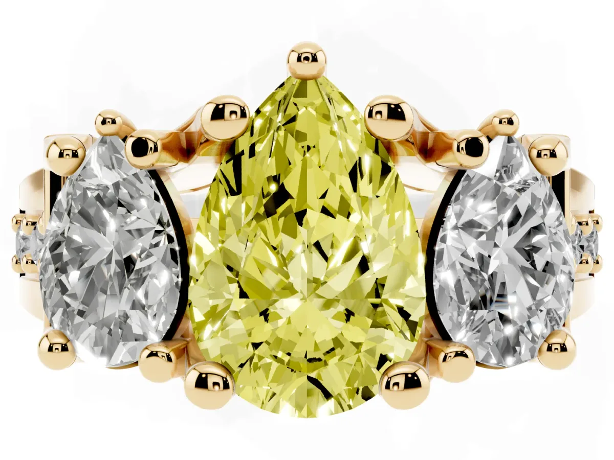 Fancy Yellow Pear Cut Diamond Three-Stone Ring with Channel Set Band and Four-Prong Setting Yellow gold
