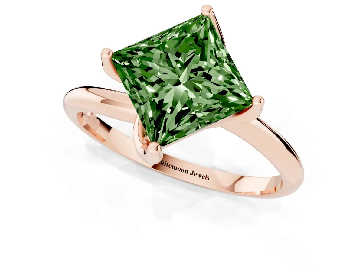 Fancy Green Princess Cut Diamond Solitaire Engagement Ring with Four-Prong Setting and Classic Band Rose gold