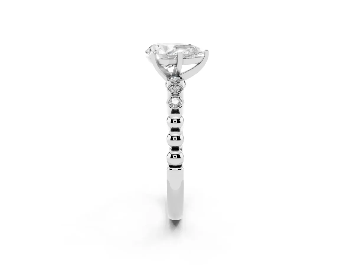 Pear Cut Solitaire Bezel Accent Diamond Engagement Ring with Beaded Band and Four-Prong Setting Platinum