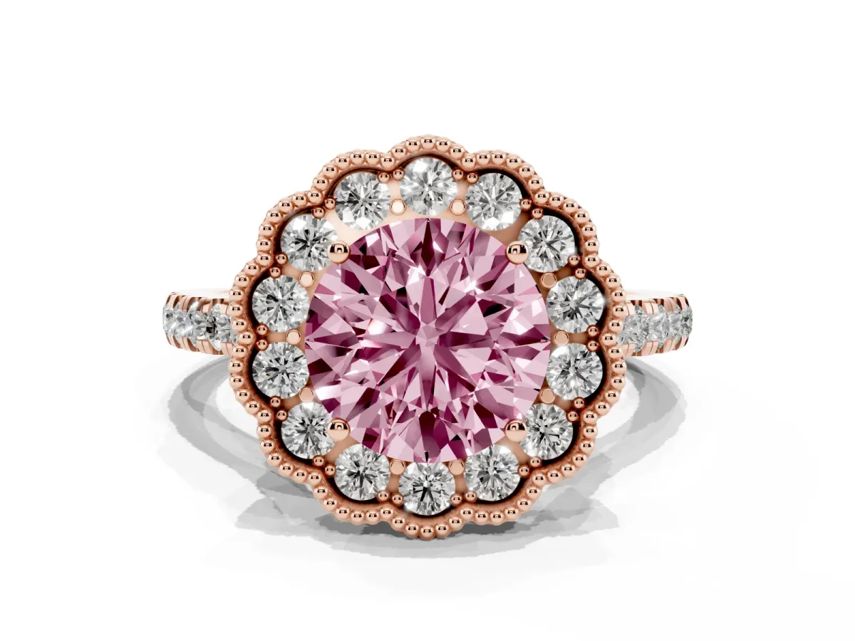 Fancy Pink Round Cut Cut Diamond Milgrain Floral Halo Engagement Ring with Pavé Band Rose gold