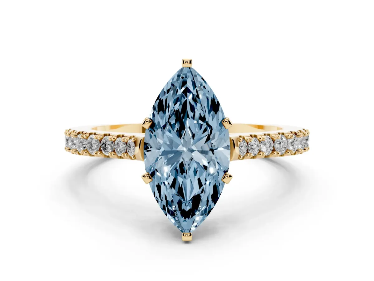 Fancy Blue Marquise Cut Cut Solitaire Diamond Engagement Ring with Pave Band and Four-Prong Setting Yellow gold