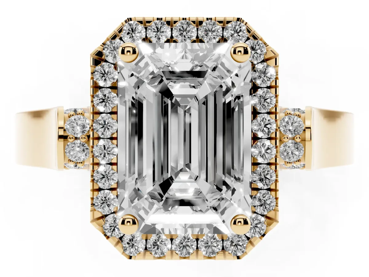 Emerald Cut Halo Pave Split Shank Prong Setting Ring Yellow gold