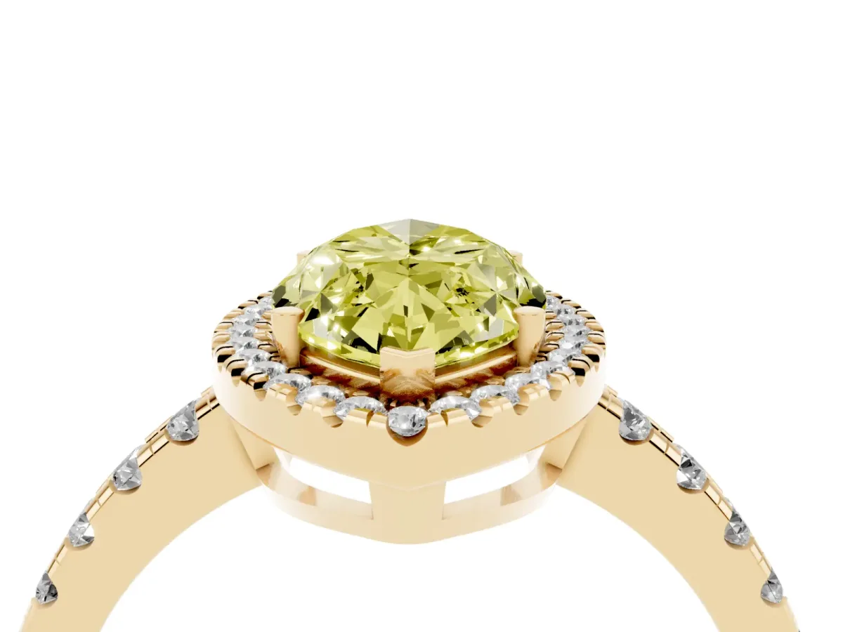 Fancy Yellow Marquise Cut Diamond Halo Ring with Pavé Band and Four-Prong Setting Yellow gold