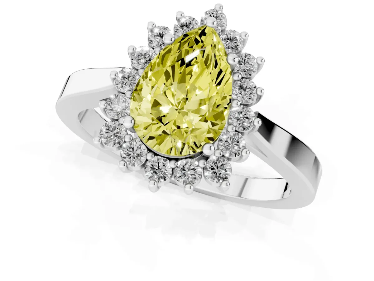 Fancy Yellow Pear Cut Cut Diamond Halo Ring with Round Brilliant Halo and Solitaire Band Silver