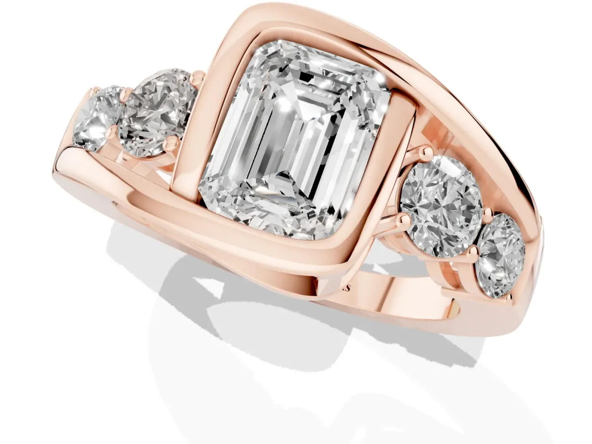 Bezel Set Emerald Cut Diamond Bypass Ring with Round Accents Rose gold