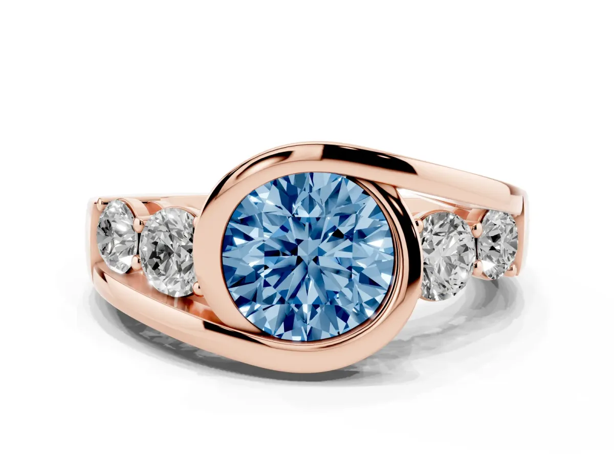 Fancy Blue Bezel Set Round Cut Diamond Bypass Ring with Round Accents Rose gold