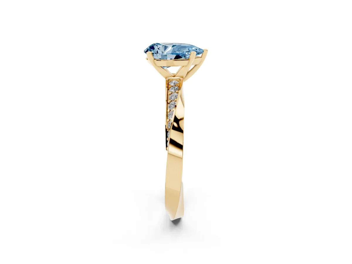 Fancy Blue Pear Cut Diamond Engagement Ring with Side Stone Accents and Four-Prong Setting Yellow gold