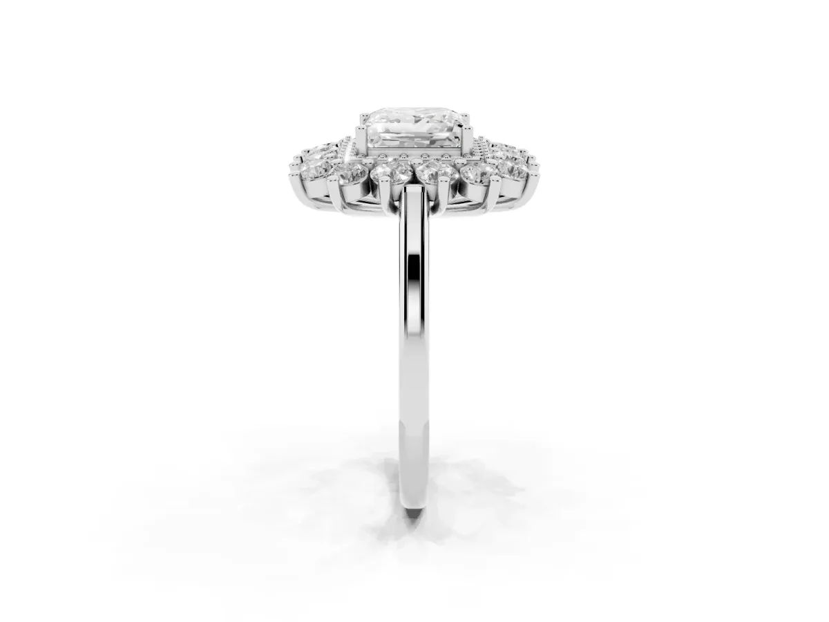 Princess Cut Diamond Floral Double Halo Engagement Ring with Prong Setting Silver