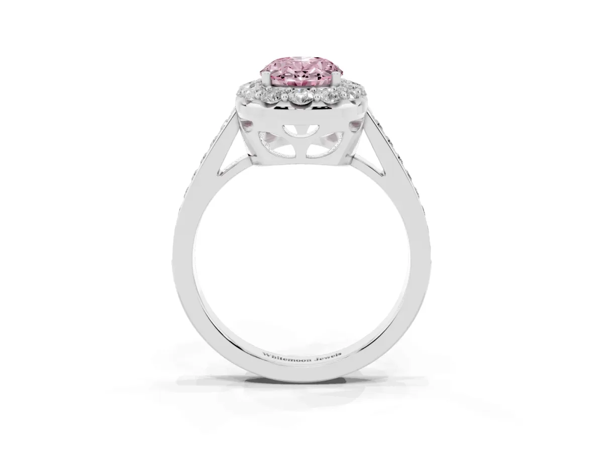 Fancy Pink Oval Cut Diamond Floral Halo Ring with Pavé Band and Prong Setting Platinum