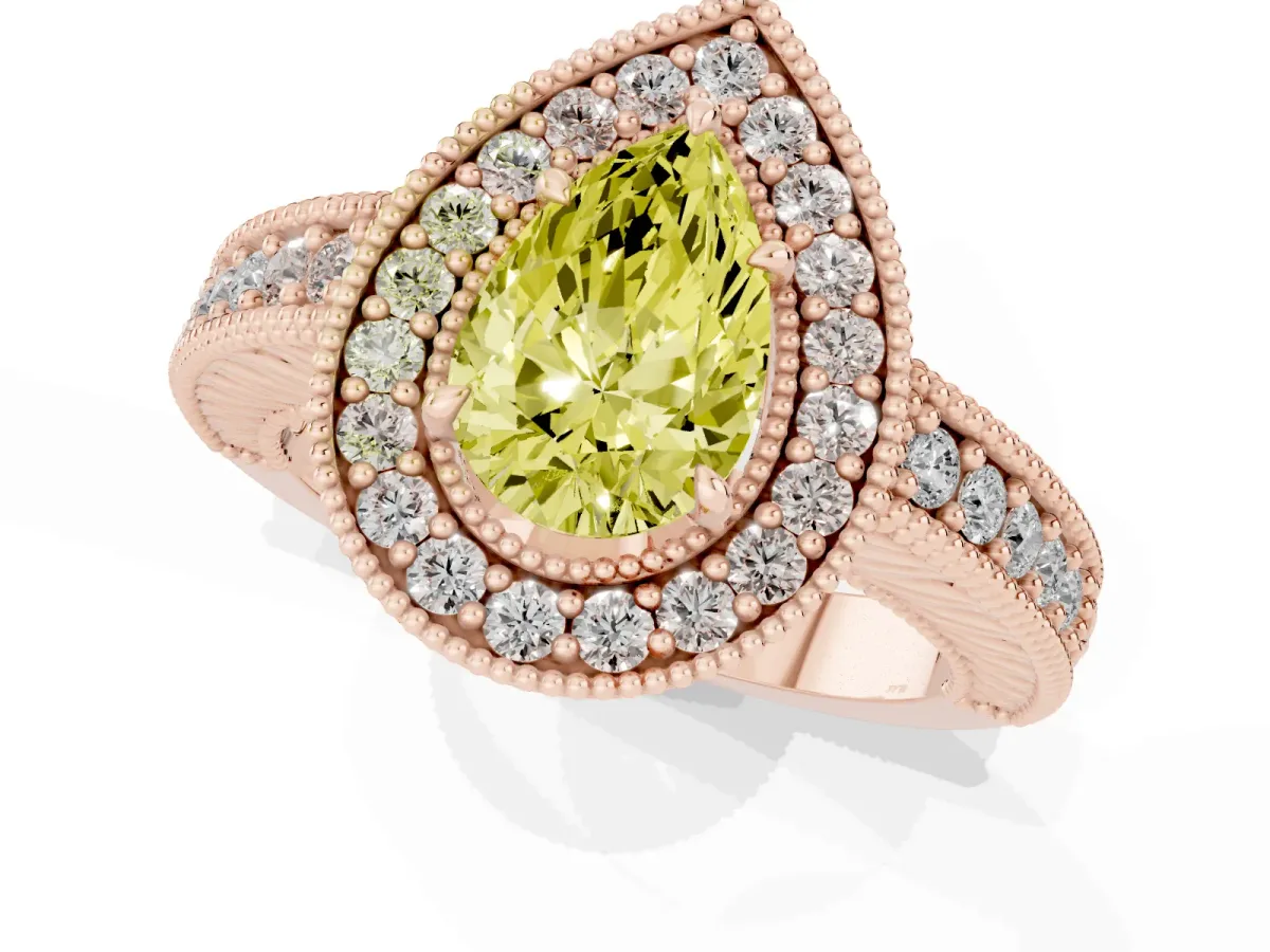 Fancy Yellow Pear Cut Cut Halo Diamond Ring with Pavé Band and Four-Prong Setting Rose gold